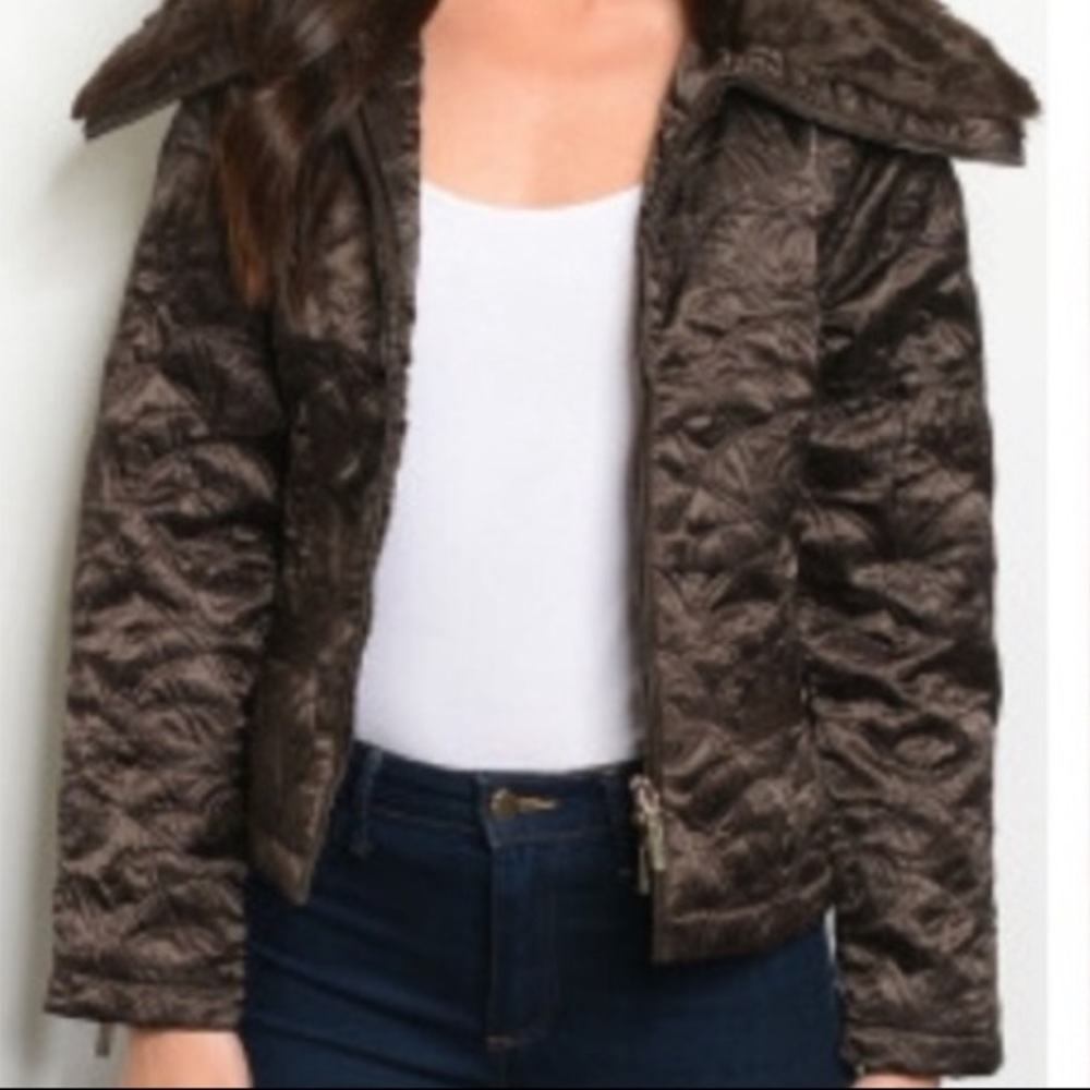 Quilted faux fur utility jacket deep brown NWT